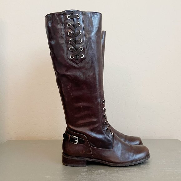 Stuart Weitzman Tall Boots 6 Brown Leather Lace Up Strap Buckle Side Zipper Knee - Picture 3 of 9